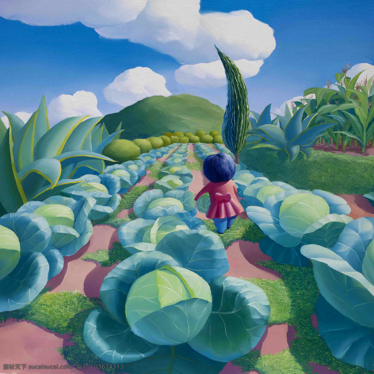 乡土 美术 油画 风景 乡野 山坡 菜地 卷心菜 女人 村妇 庄稼 油画艺术 绘画书法 文化艺术