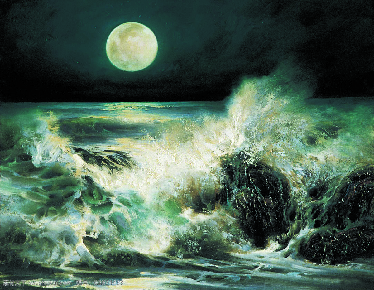 海上生明月 美术 油画 风景 大海 海浪 海水 明月 海夜 文化艺术 绘画书法