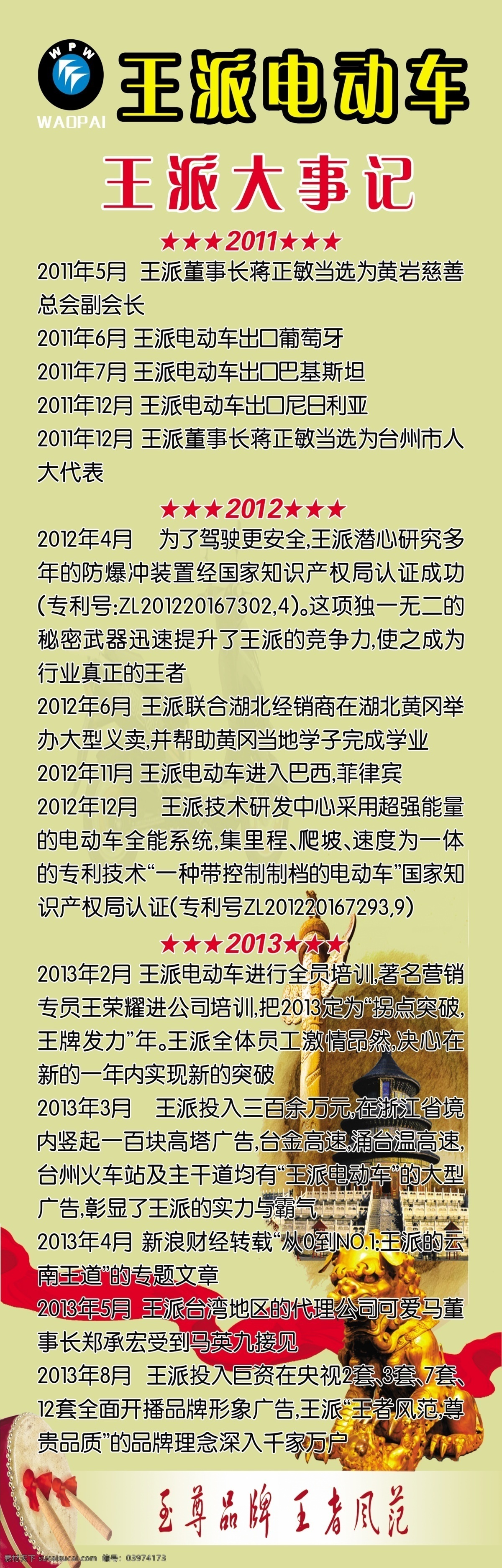 背景 广告设计模板 华表 狮子 天安门 源文件 展板模板 王 派 电动车 模板下载 王派电动车 王派标志 王派大事记 psd源文件