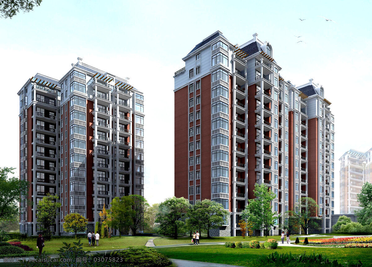 草地 房屋 高层建筑 花草 环境设计 建筑设计 建筑效果图 楼房 楼盘图片 高级住宅楼 树木 路 绿化 行人 清新 天空 美丽小区 环境优美 建筑艺术