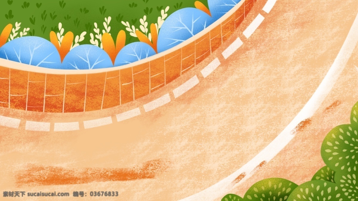手绘 花丛 马路 转弯 背景 交通 教育 背景素材 广告背景 文明出行背景 安全出行背景 红绿灯 马路背景 指示灯 安全出行 文明交通 安全