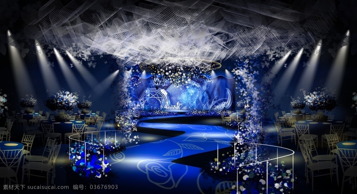 星空 室内 大气 婚礼 手绘 效果图 蓝色 简约 多层次 铁丝网 花艺 婚礼手绘 婚礼效果图