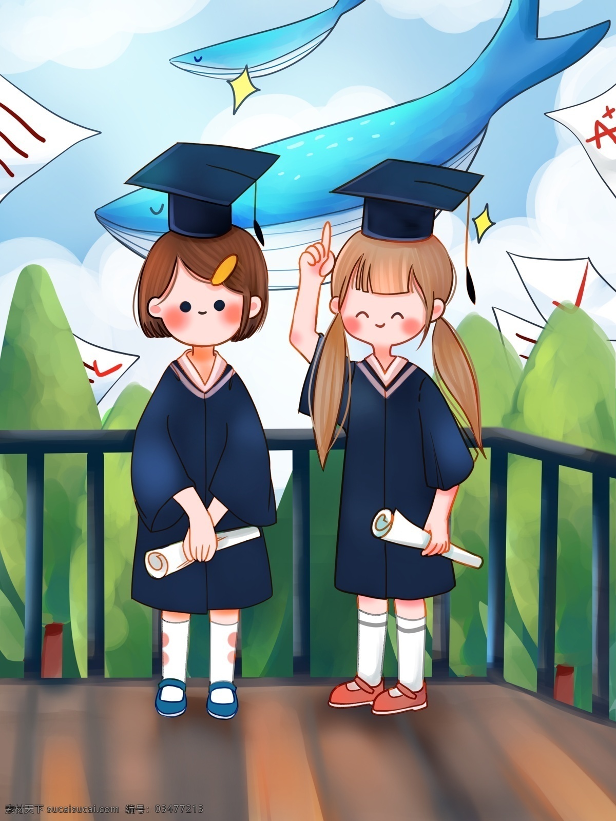青春 再见 我们 毕业 学生 开心 拍照 梦想 鲸鱼 插画 可爱 女孩 卡通