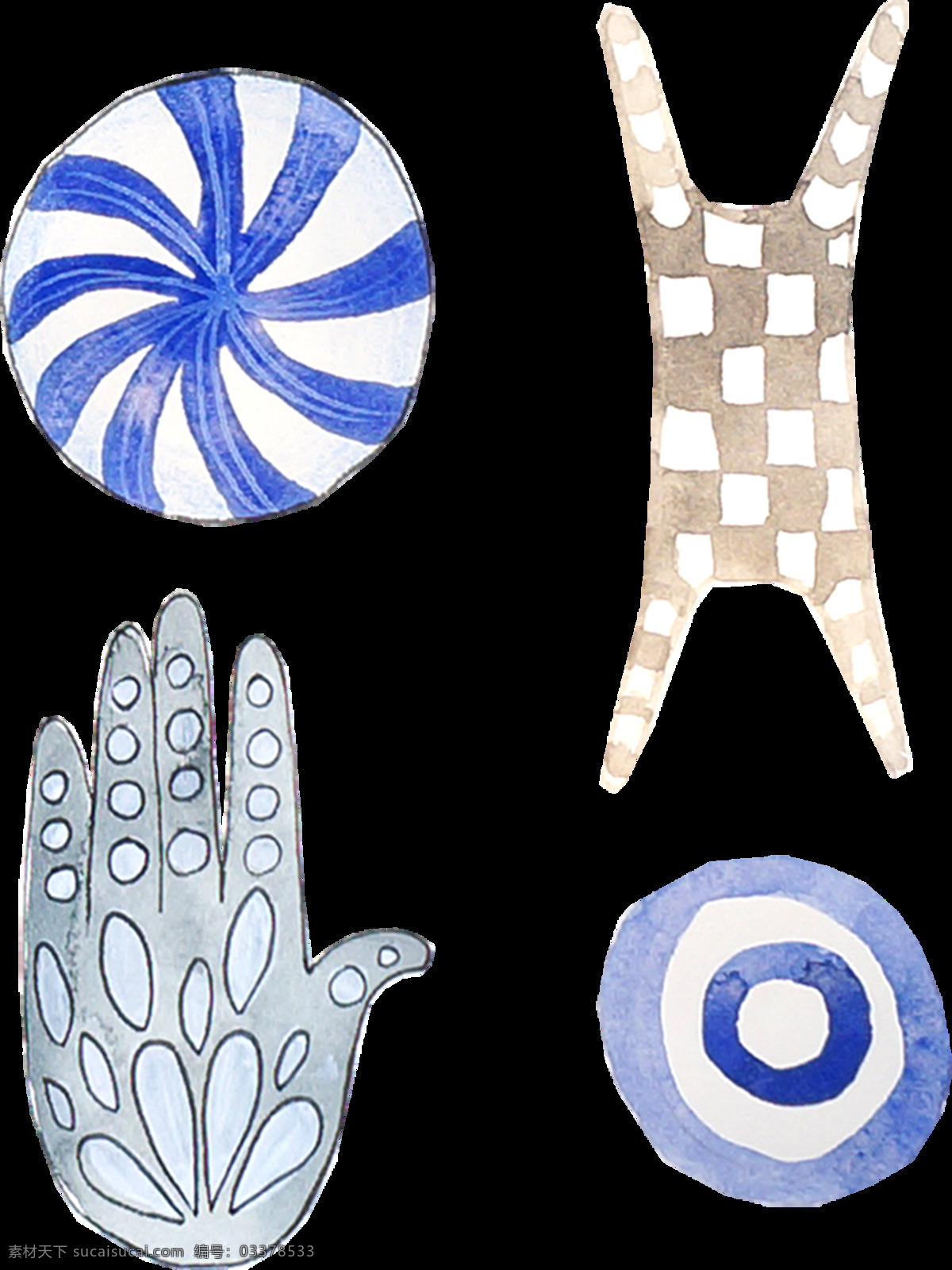 手绘 水彩 装饰物 装饰 风车 格仔 蓝色 免扣素材 手套 透明素材 装饰图片