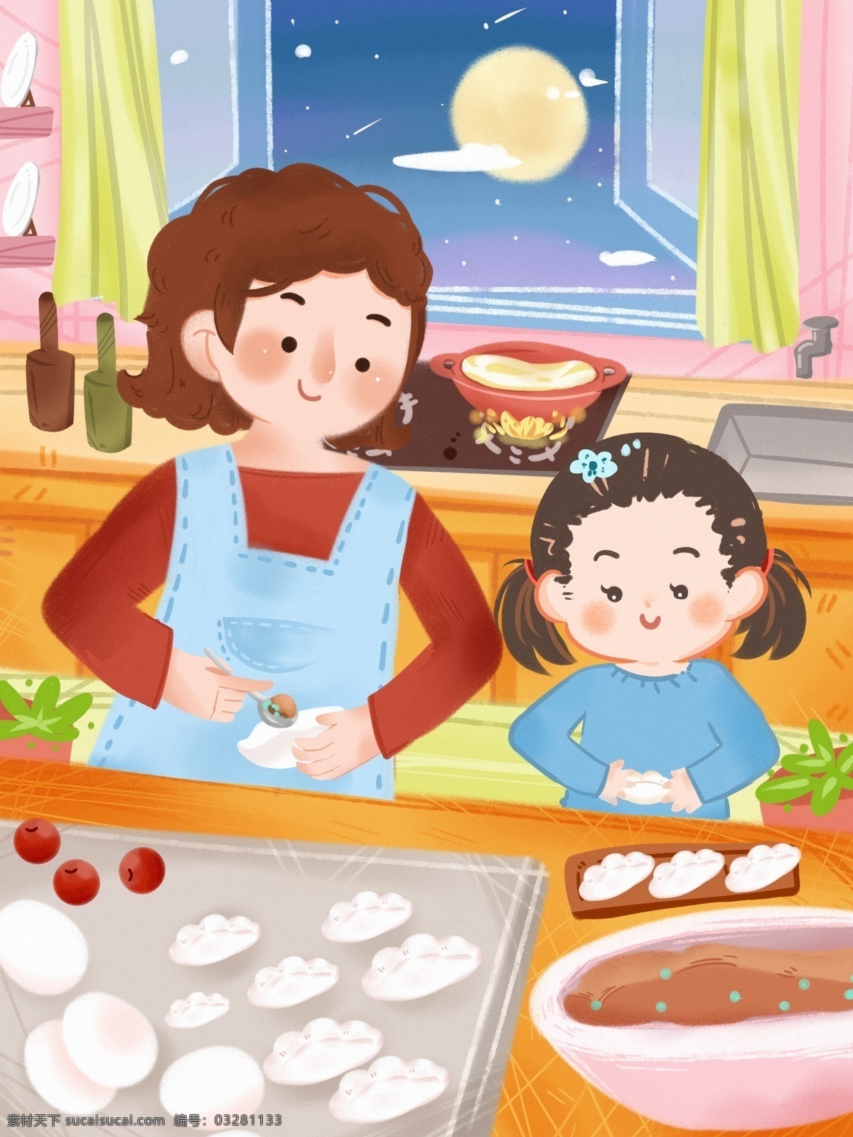 包 饺子 冬至 春节 过年 家庭 温情 月亮 团聚 冬天 包饺子