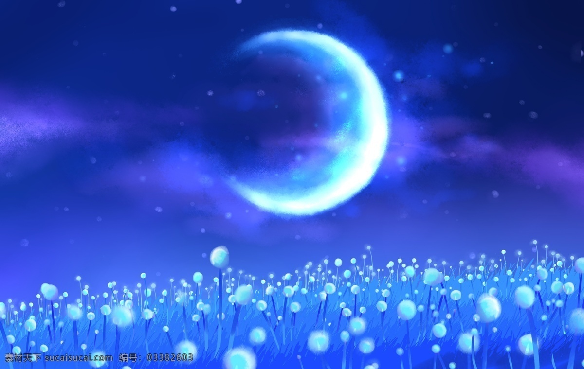月光 下 蒲公英 唯美 夜空 夜色 奇幻 手绘插画 星空 月亮 治愈系 背景图片 动漫动画 风景漫画