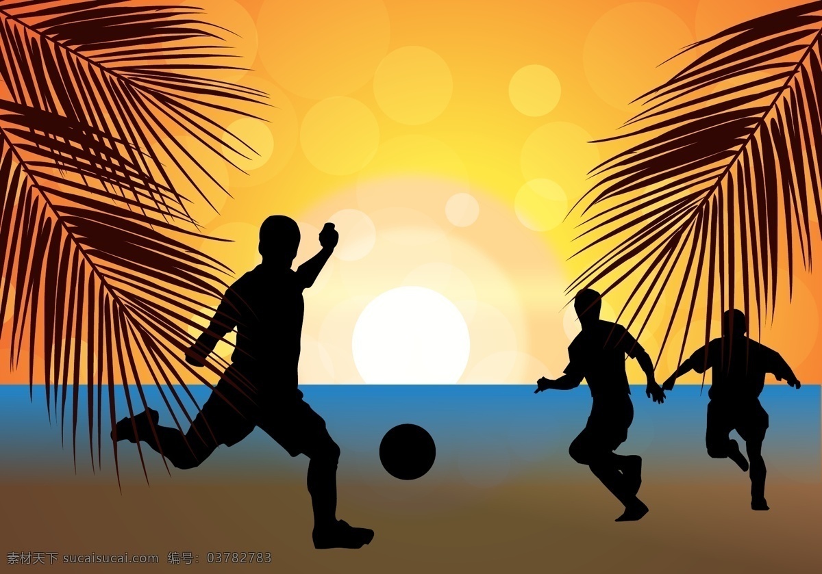 沙滩 足球 矢量 风景 傍晚风景 椰子 沙滩足球 踢足球 人物剪影 矢量素材