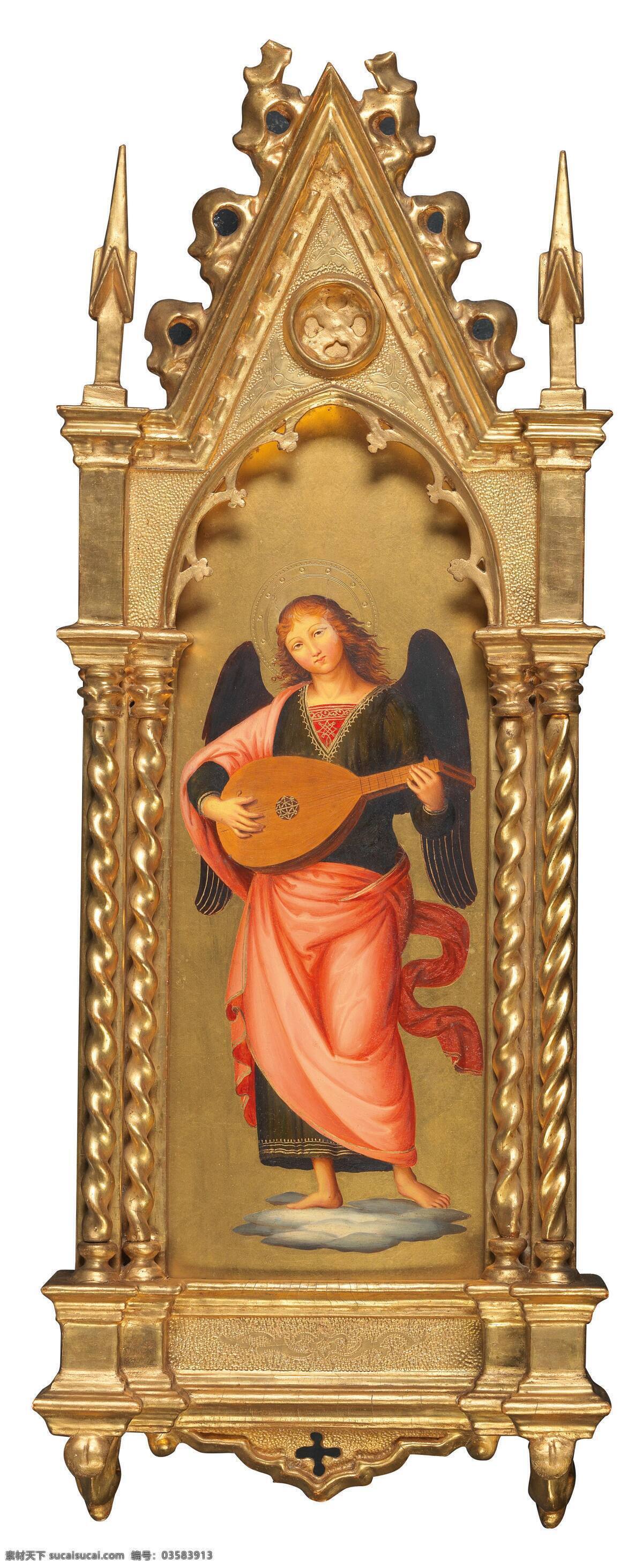 宗教油画 仿意大利画家 安吉利科作品 圣经故事 大天使 弹吉他 19世纪油画 油画 文化艺术 绘画书法