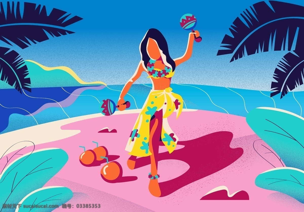 时尚 夏威夷 美女 插画 海边 人物 卡通
