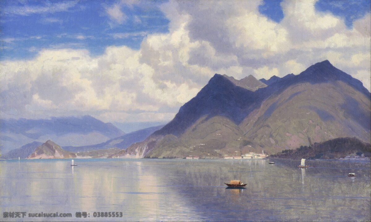 山水油画 山水 蓝天 白云 船 风景油画 布面油画 油画风景 古典油画 装饰画 壁画 油画 风景画 文化艺术 绘画书法