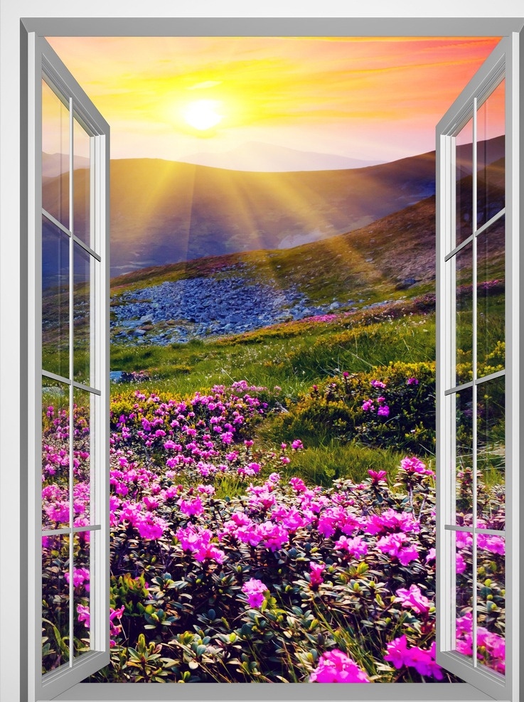 3d窗户风景 3d窗户 3d 窗外 窗户 影楼素材 花海 山峰 日出 太阳 日落 唯美 陶醉 迷人 风景 风景背景 摄影素材 窗外风景 高山 天空 现代 简约 壁画 壁纸 墙纸 背景墙 环境设计 其他设计 底纹边框 边框相框 3d设计