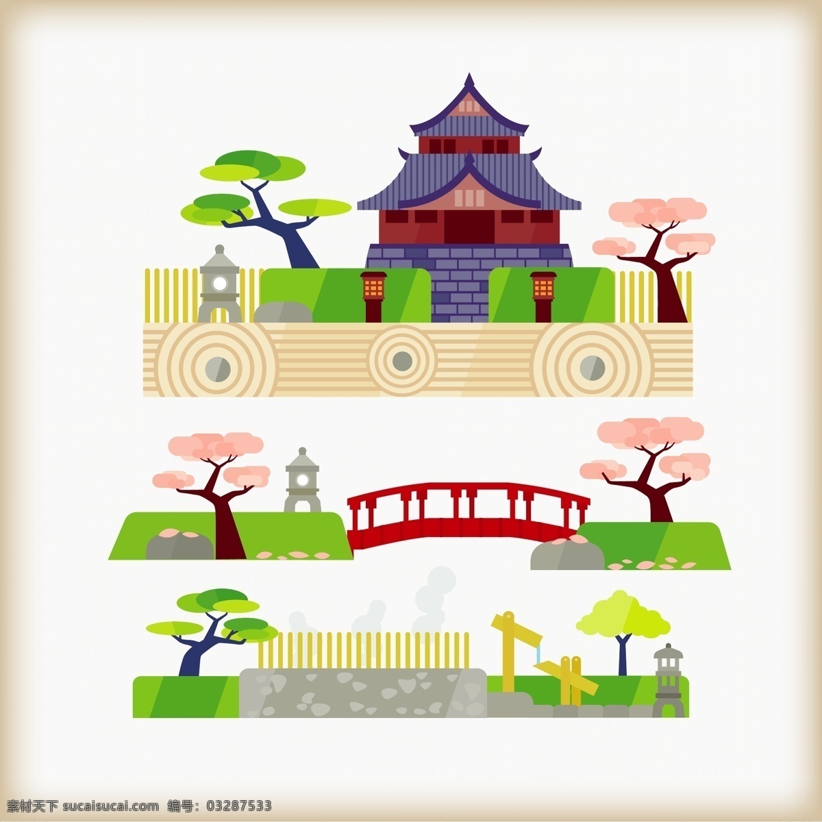 时尚 中国 传统 建筑 彩色 插画 亭台楼阁