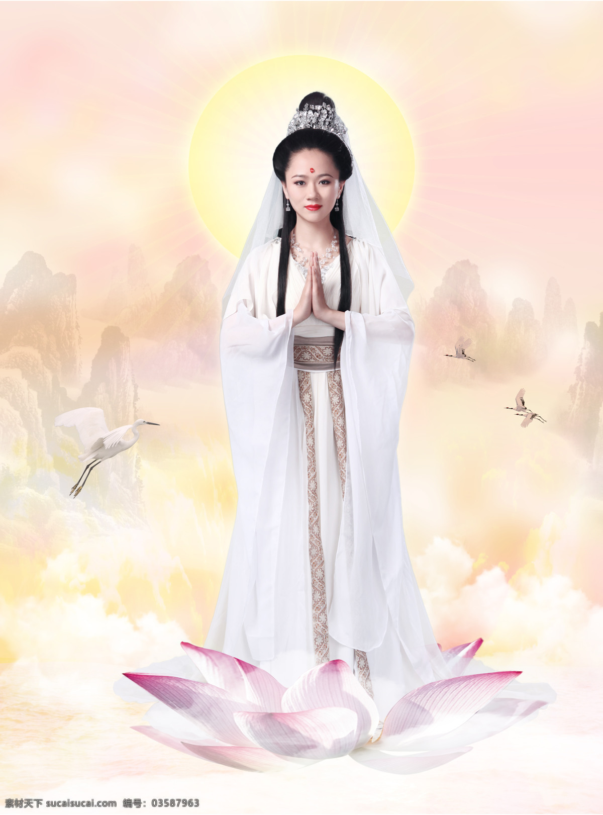 观音菩萨 莲花池 信佛 仙鹤 山 人物写真 人物图库