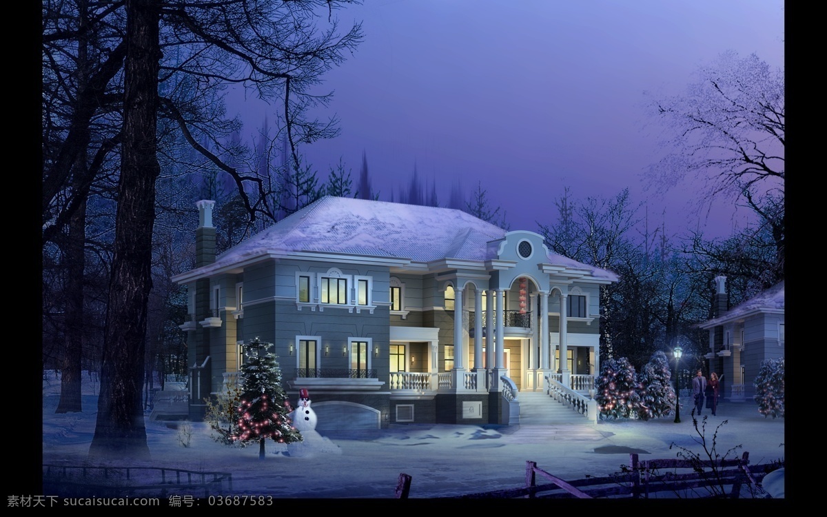 别墅 雪景 夜景 圣诞 冬季景观 效果图 分层 源文件 psd源文件 设计素材 分层效果 建筑装饰 黑色