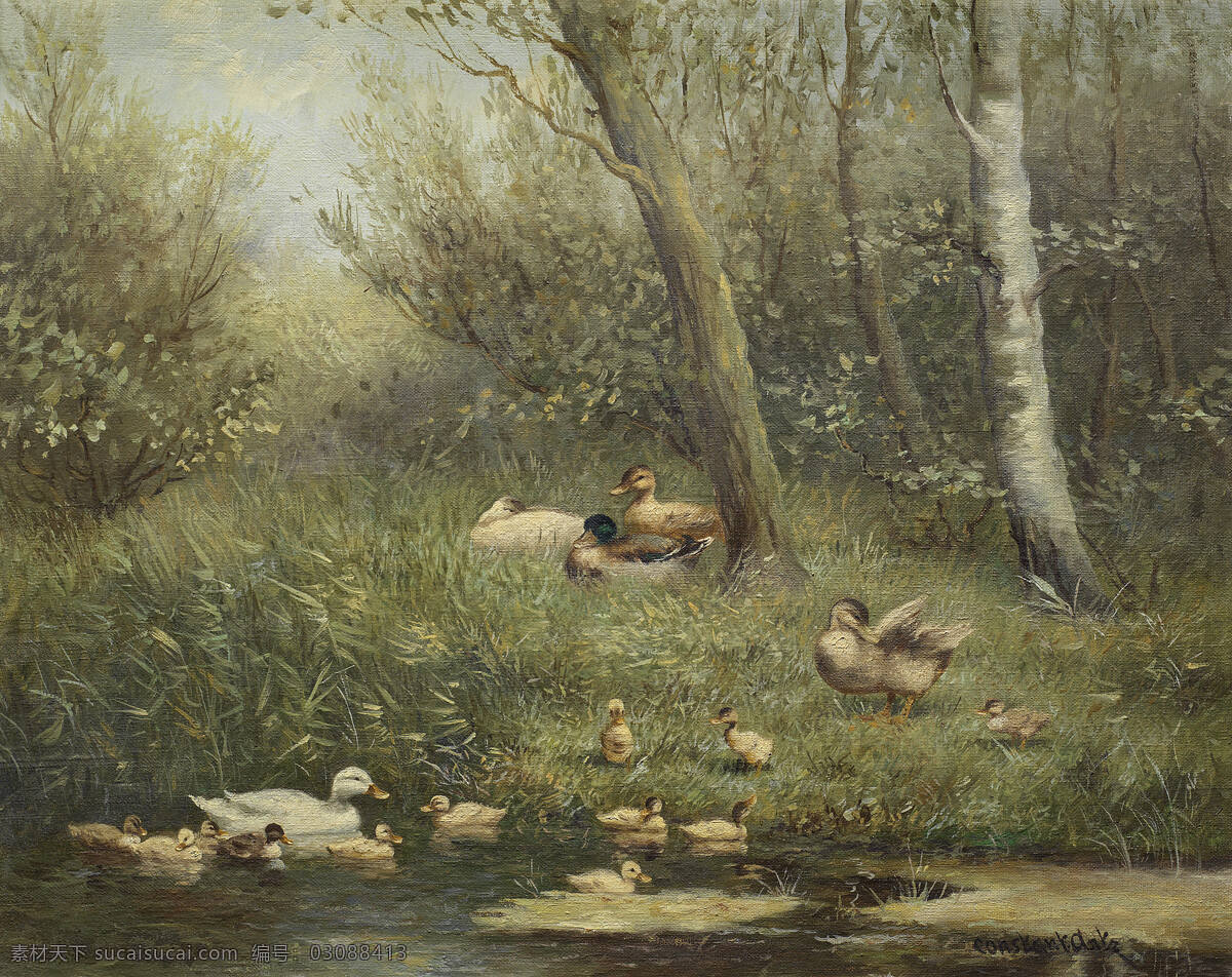 草地上 大自然 绘画书法 文化艺术 油画 鸭子 池塘 设计素材 模板下载 鸭子的池塘 树林中 成群的鸭子 游水 嬉戏 19世纪油画