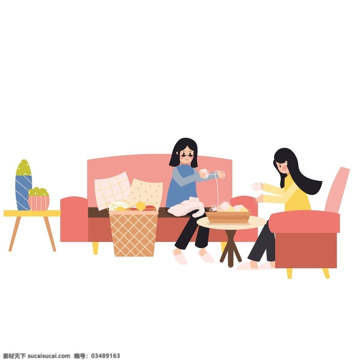 扁平化 母女 俩 坐在 沙发 上 织 毛衣 小清新 插画 人物 感恩父母 温馨场景 织毛衣 陪伴