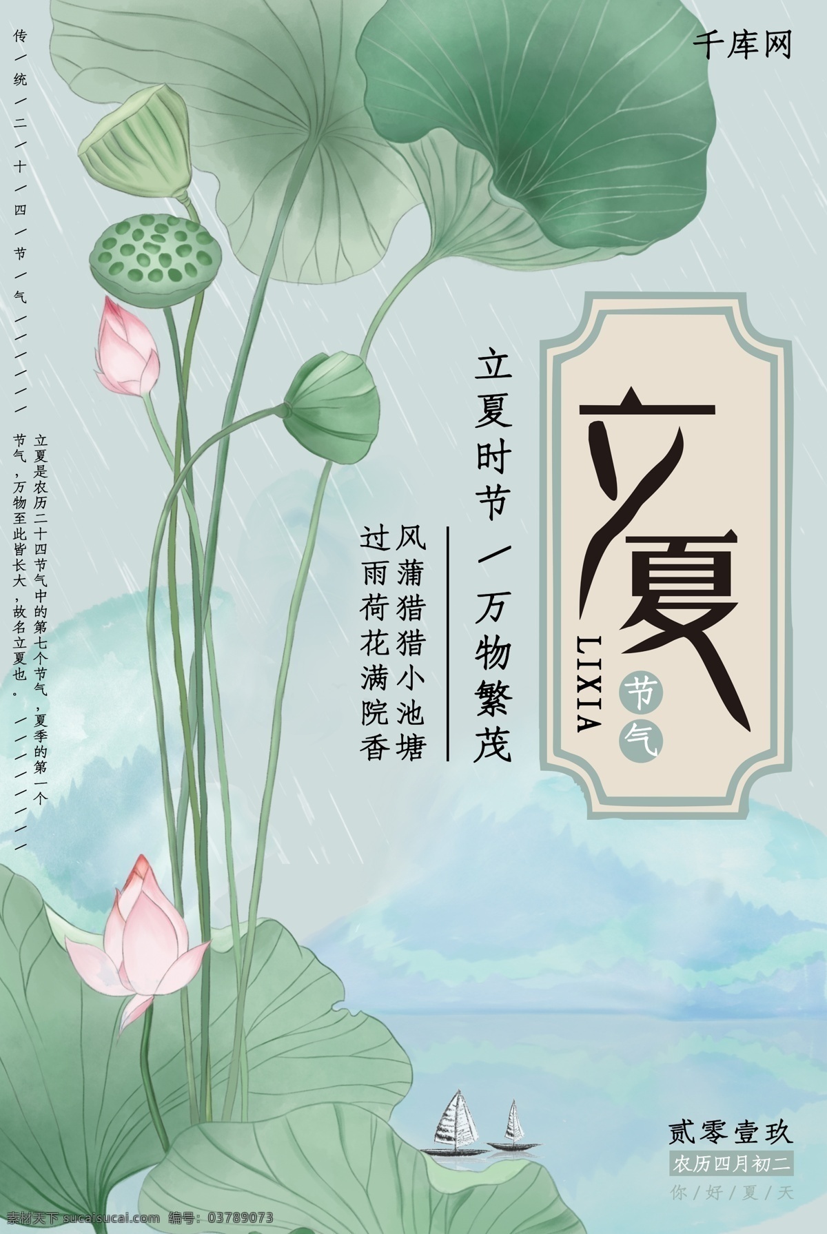 立夏荷叶荷花 立夏 极简 文字 排版 边框