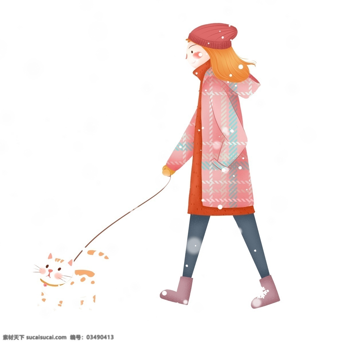 冬季 大雪 中 散步 女孩 猫咪 小清新 卡通 雪花 插画 手绘 小猫