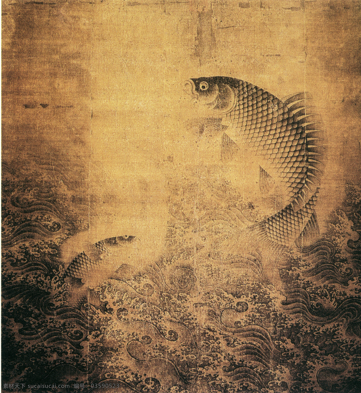 中国 花鸟画 名家作品 书画 真迹 跃鱼 图 之一 波涛汹涌 古画 花鸟 浪花 鲤鱼 书画真迹 水墨 跃鱼图之一 中国花鸟画 立轴 绢本 淡设色金粉 小鲤鱼 鱼跃 动势 文化艺术