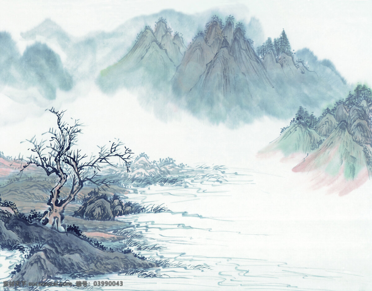 中国画 山水 小河 小树 远山 浓情山水画 家居装饰素材 山水风景画