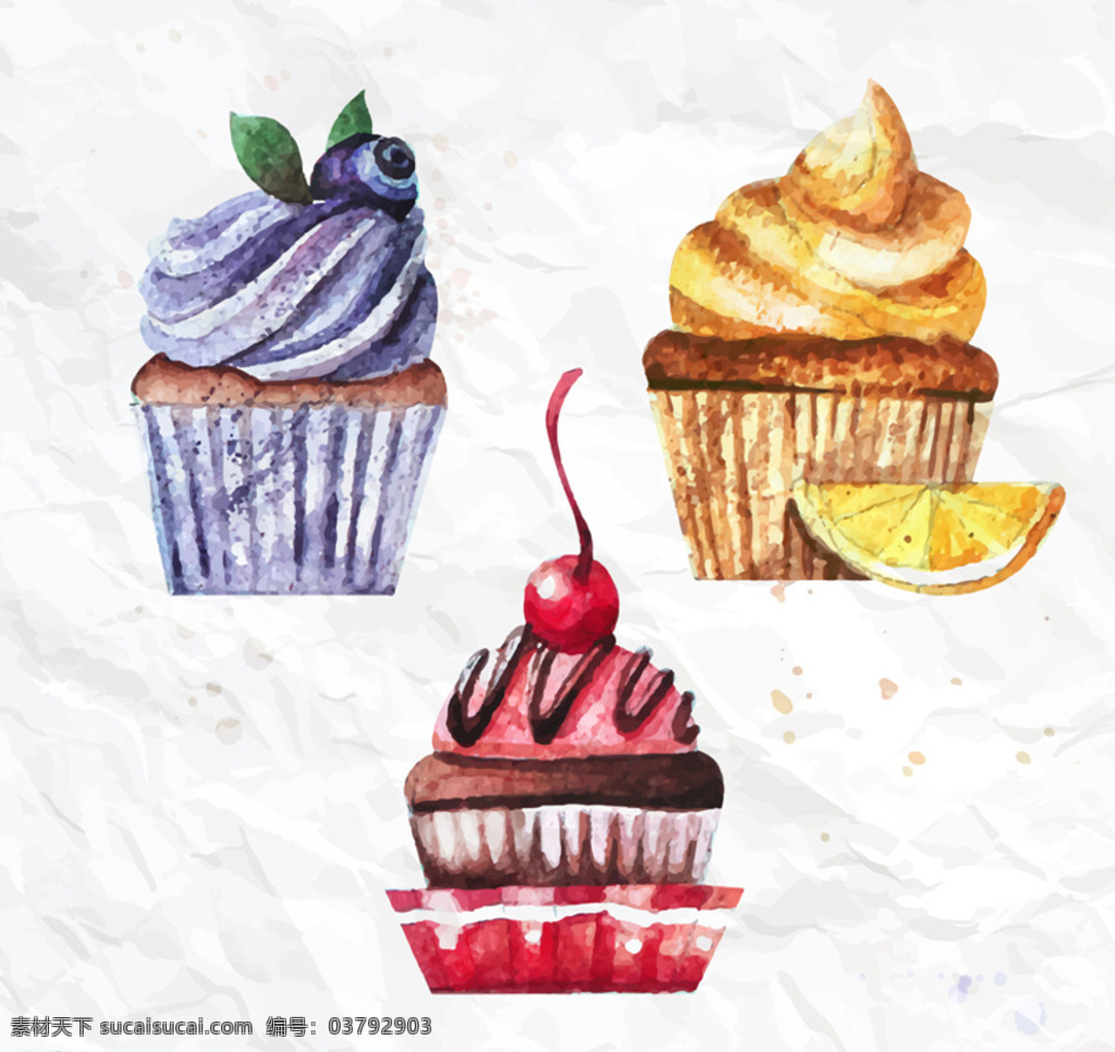 水彩纸杯蛋糕 橙子 蓝莓 樱桃 褶皱 纸张 纸杯蛋糕 水彩 矢量图 冰淇淋 雪糕 手绘 矢量素材共享 卡通设计 白色