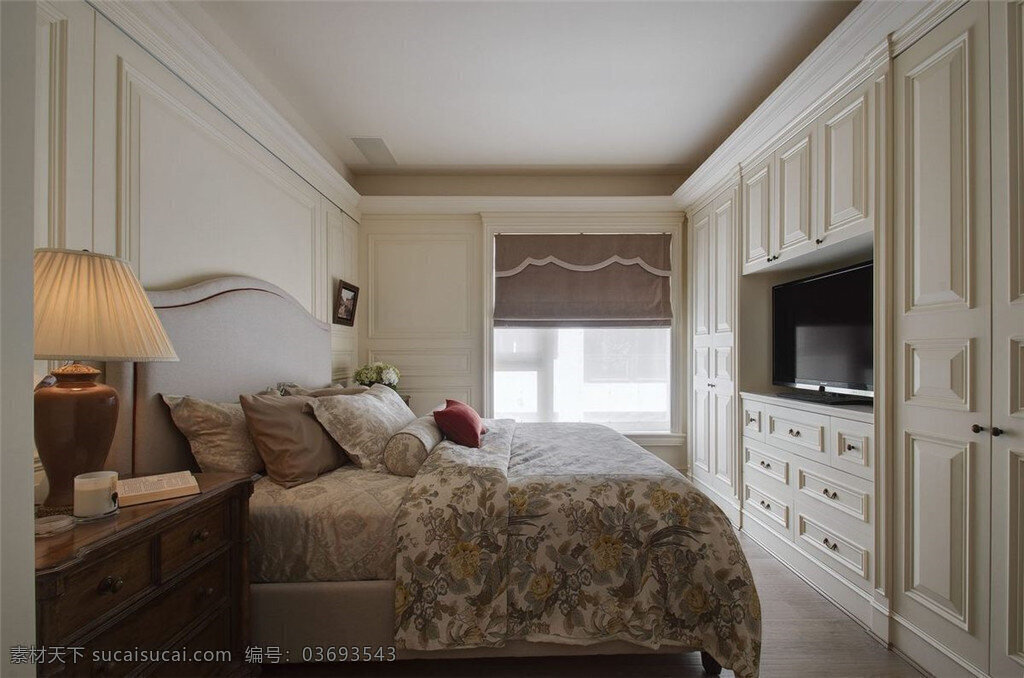 现代 文艺 卧室 暖色 台灯 室内装修 效果图 卧室装修 瓷砖地板 白色柜子 木制床头柜