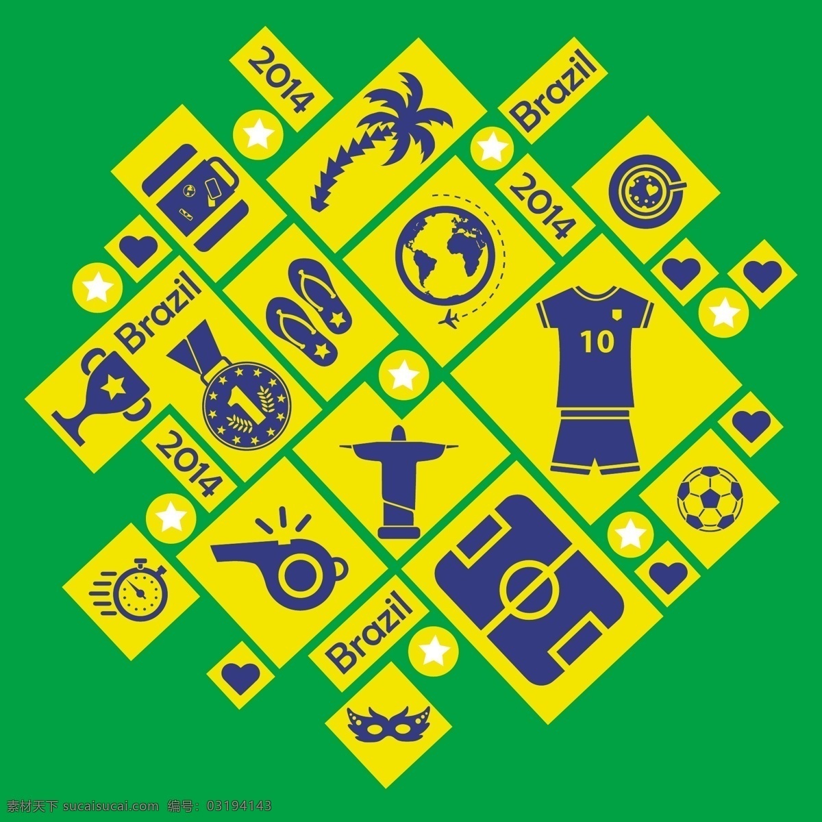 方形 巴西 世界杯 图标 背景 矢量 奖杯 矢量图 拖鞋 椰树 足球 耶稣基督像 足球衣 现代科技