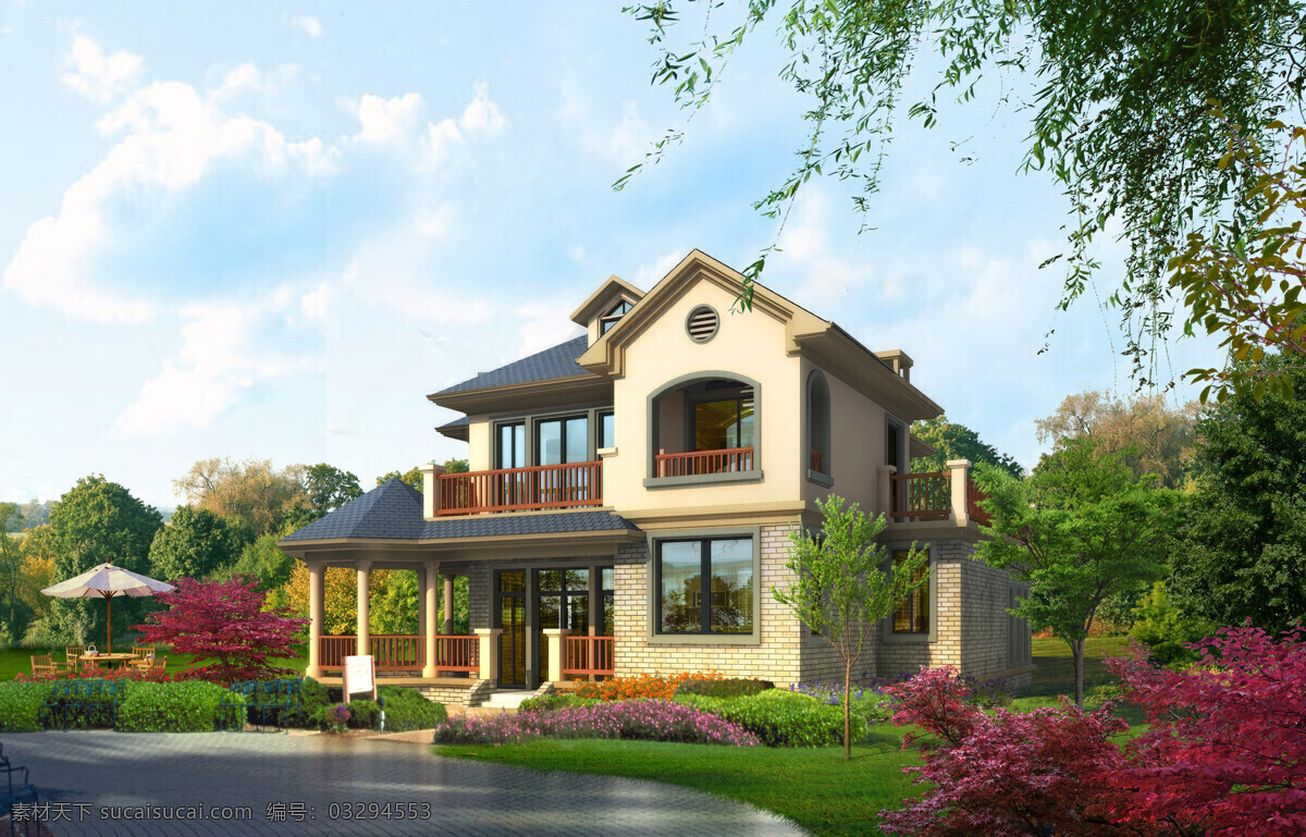 田园 高档别墅 蓝天白云 洋房别墅 别墅住宅 豪宅 房子 别墅建筑 建筑风格 别墅景观 建筑设计 草地 草坪 树木 别墅设计 环境家居 白色
