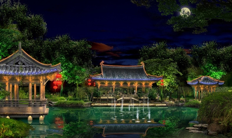 园林夜景 亭子 园林 夜景 池塘 月亮 灯光 湖面 灯笼 树 晚上 效果图 夜景效果图 景观设计 环境设计 源文件