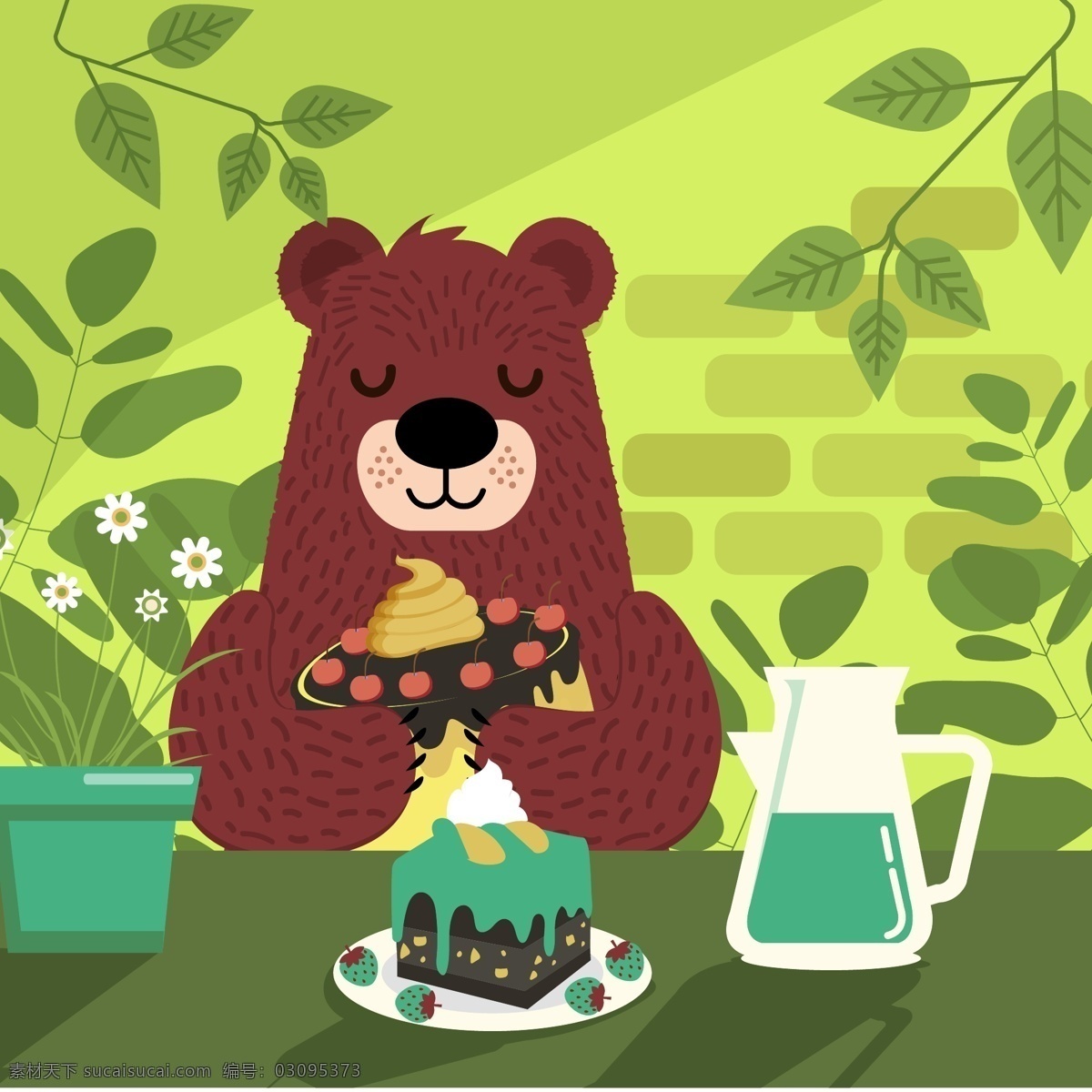 吃 蛋糕 棕熊 创意 饮料 水壶 树叶 矢量 高清图片