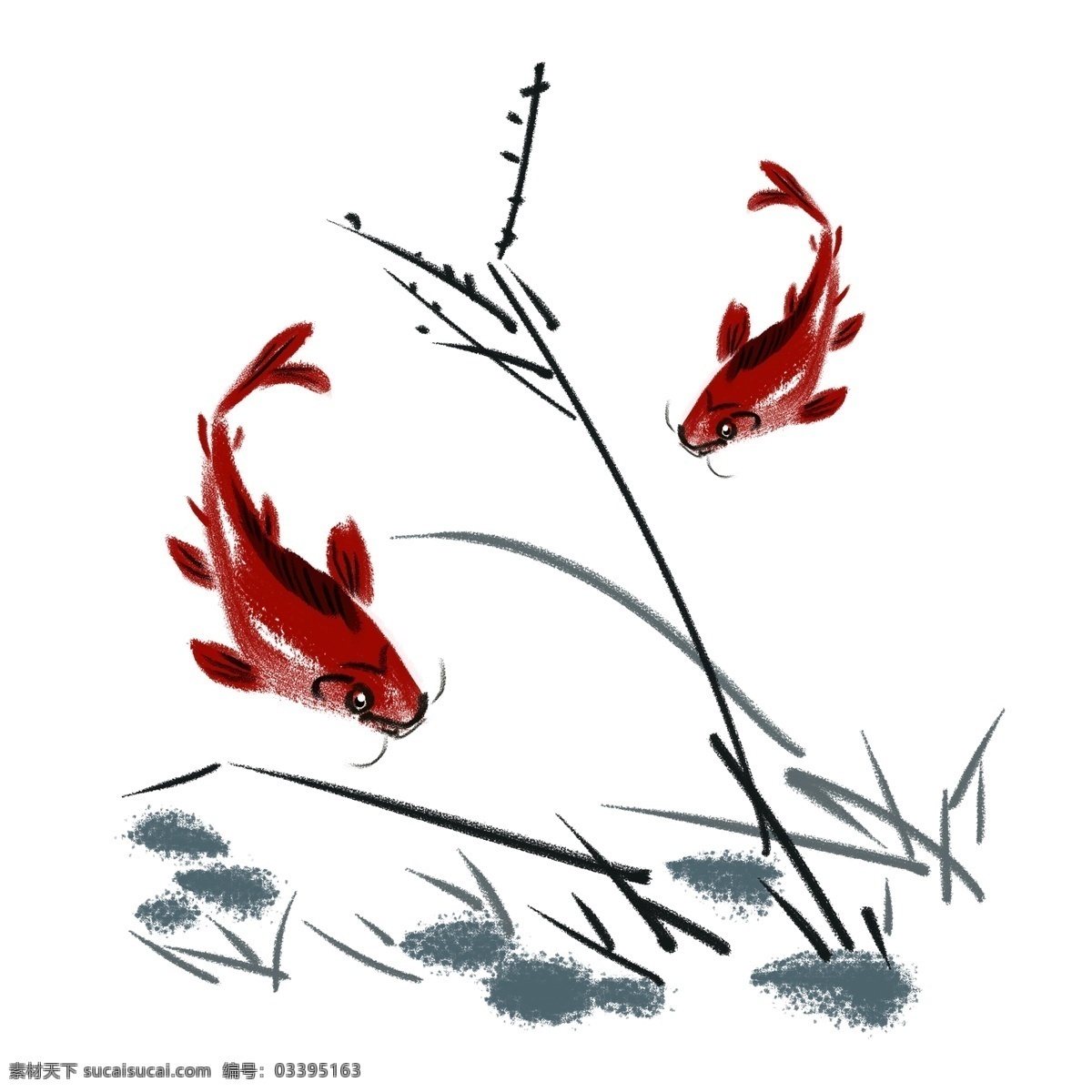 手绘 水墨 鲤鱼 插画 红色的鲤鱼 成对的鲤鱼 漂亮的水墨画 卡通插画 手绘水墨插画 水墨鲤鱼插画