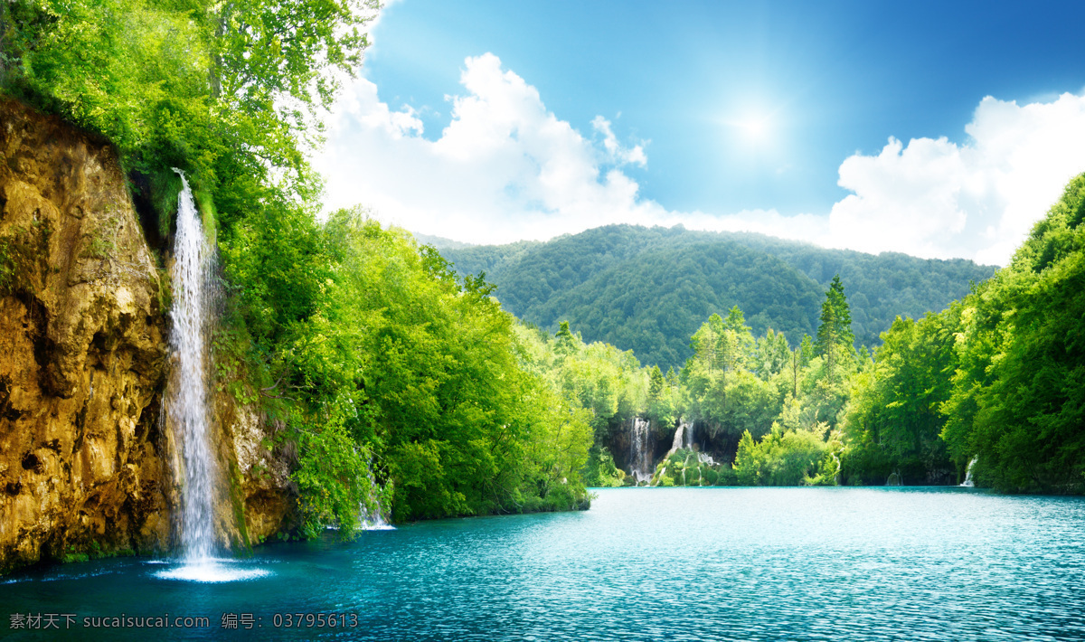 湖边瀑布风景 高清摄影图片 蓝色湖泊 世外桃源 唯美风光 山林