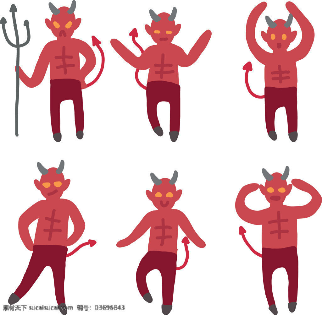 卡通 手绘 恶魔 图案 男爵 小恶魔 红色 地狱 叉