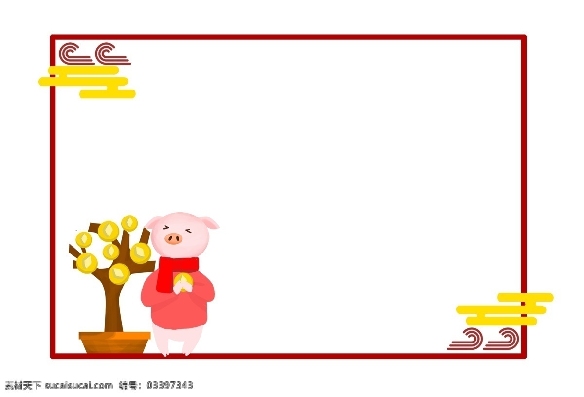 手绘 金钱 树 新年 边框 金钱树 钱币 黄色 红色边框 新年边框 金钱树边框 红色围巾 拜年小猪 小猪插画