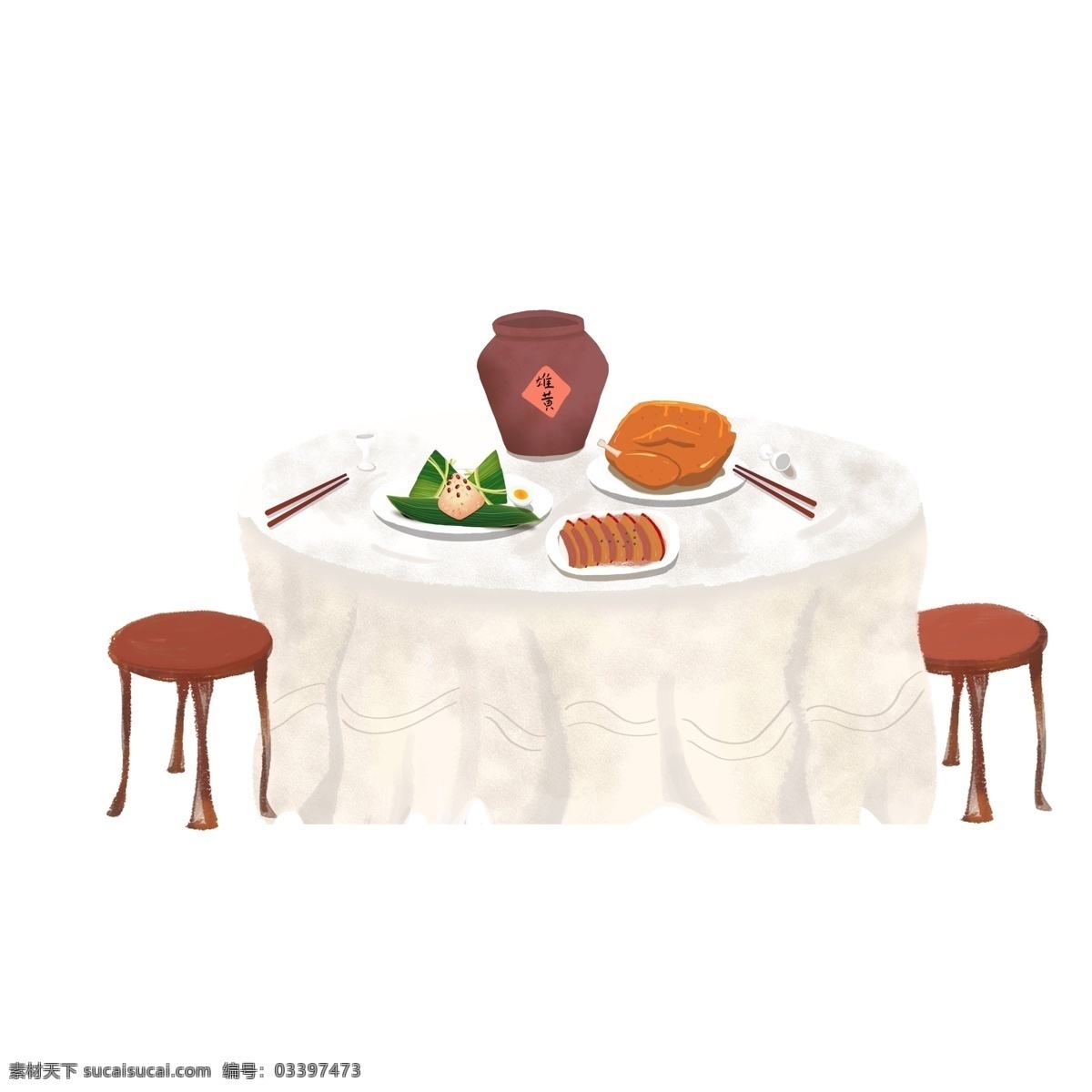 端午节 桌子 上 食物 插画 手绘 雄黄酒 粽子 椅子 一桌饭菜 卡通设计