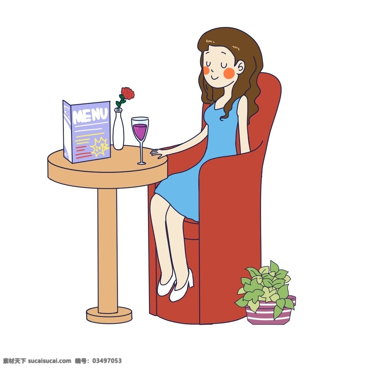 卡通 餐厅 就餐 美女 人物 插画 餐馆 饭店 酒店 餐桌 餐位 酒杯 吃饭 顾客 红色座椅 就餐美女 人物插画