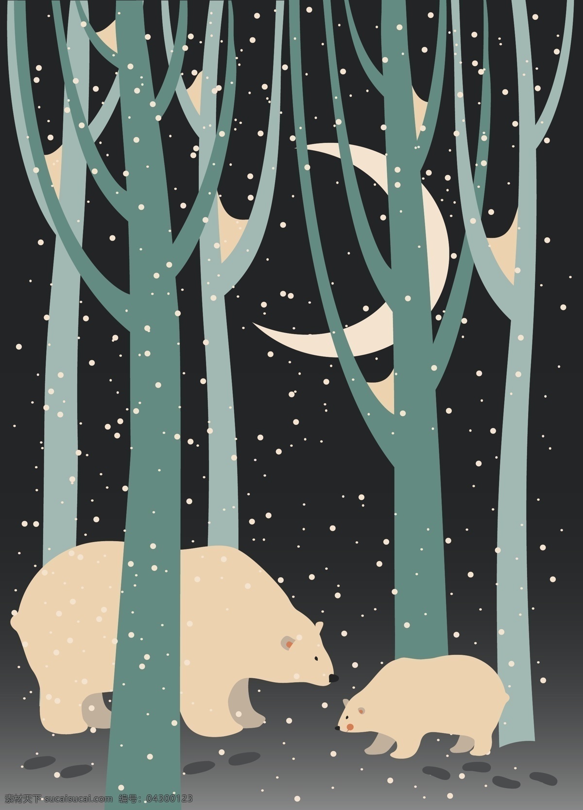 森林 里 北极熊 插画 树林 大树 冬天 下雪 动物 可爱 卡通