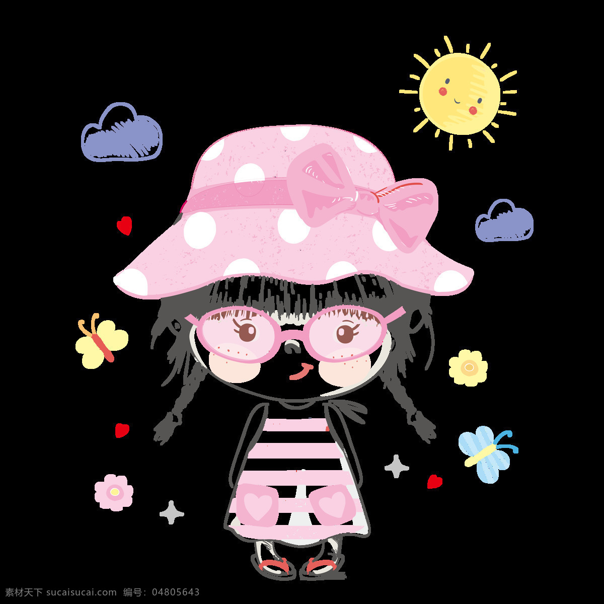 阳光 女孩 商用 元素 小女孩 帽子 蝴蝶结 卡通 太阳 粉色