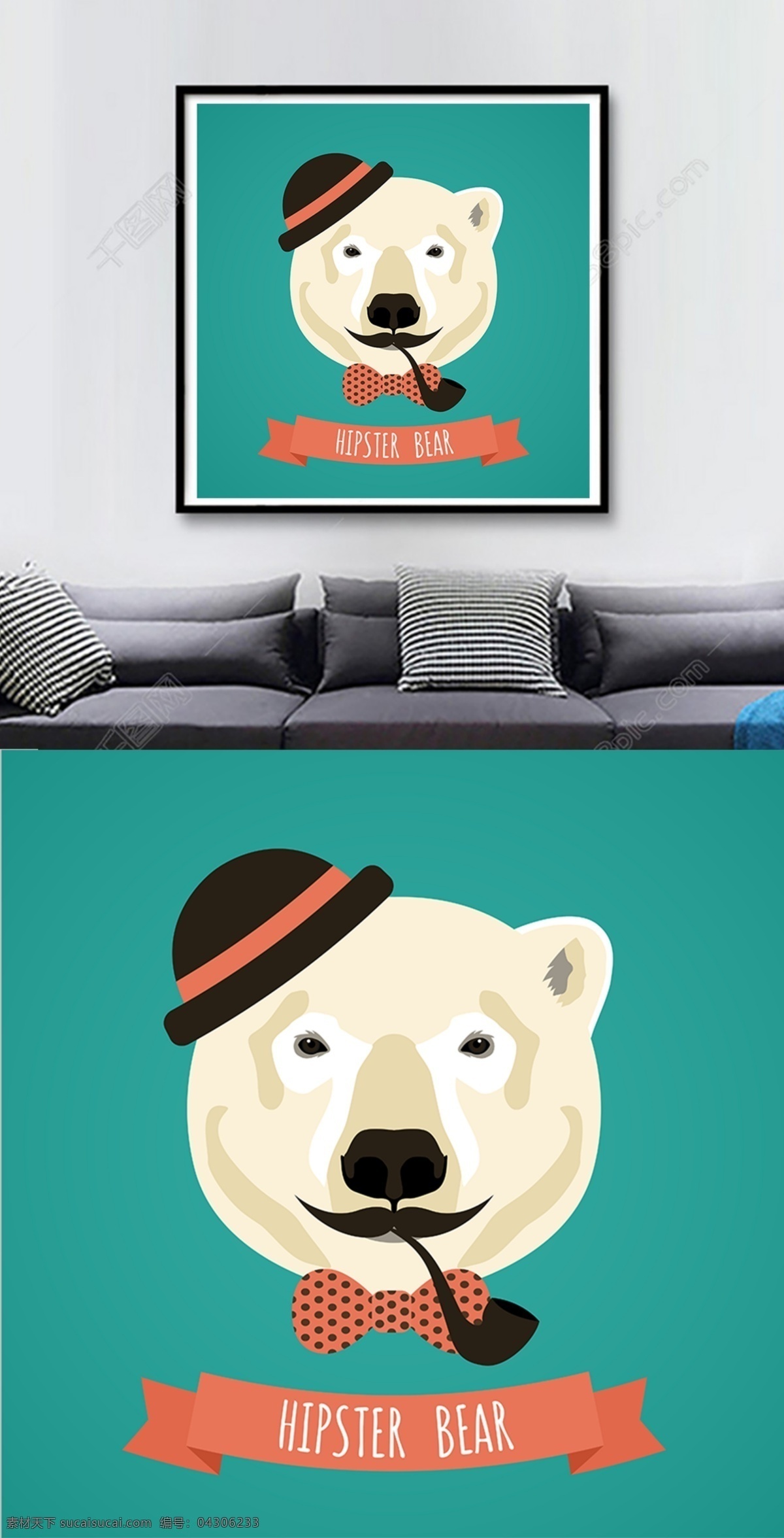 方形 卡通 北极熊 头像 高清 客厅 装饰画 蓝色背景 礼帽