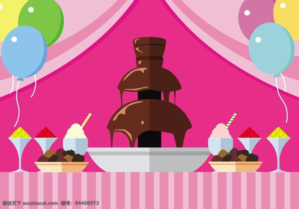 巧克力 喷泉 派对 插画 派对插画 巧克力喷泉 手绘糖果 糖果 手绘食物 手绘美食 糖 甜品 手绘甜点 矢量素材 甜食 气球 聚会