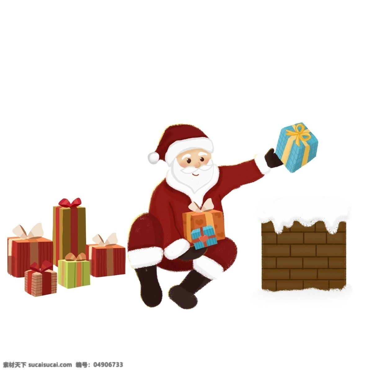 派 礼物 圣诞老人 插画 元素 卡通 复古 礼盒 手绘 烟囱 圣诞老公公 送礼物