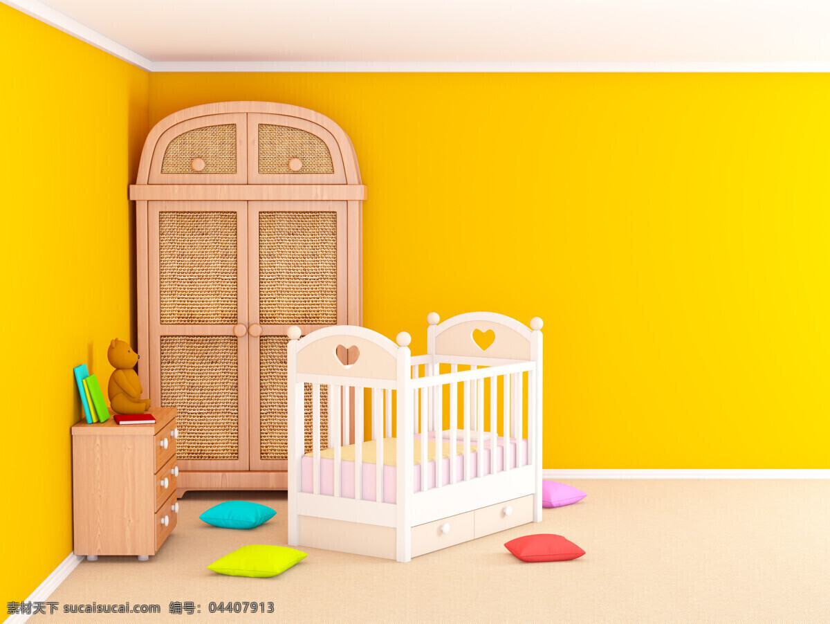 儿童卧室 唯美 炫酷 浪漫 欧式 简洁 简约 卧室 可爱 小床 黄色墙 木橱柜 环境设计 室内设计