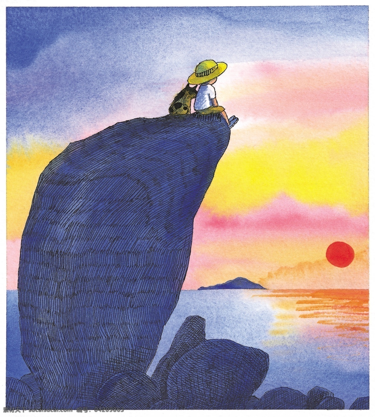 几米插画 几米 插画 漫画 礁石 海边 日落 夕阳 眺望 绘画书法 文化艺术