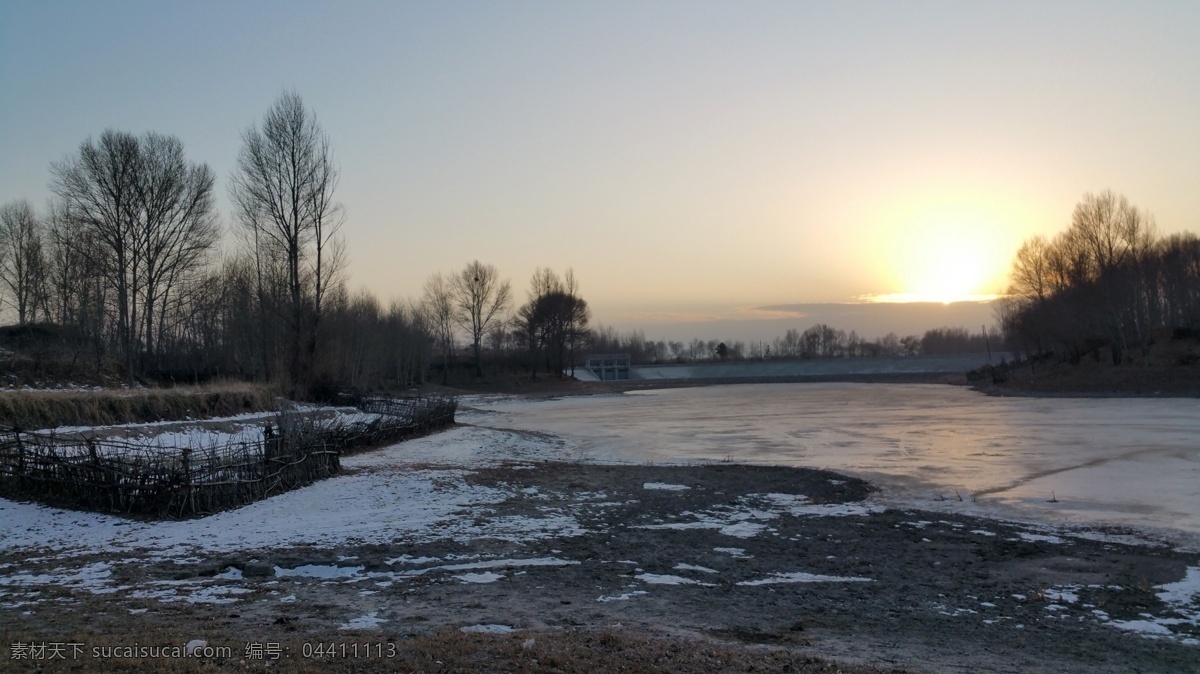 农村 冬天 黄昏 夕阳 落日 冰 雪 自然风景 自然景观 黑色
