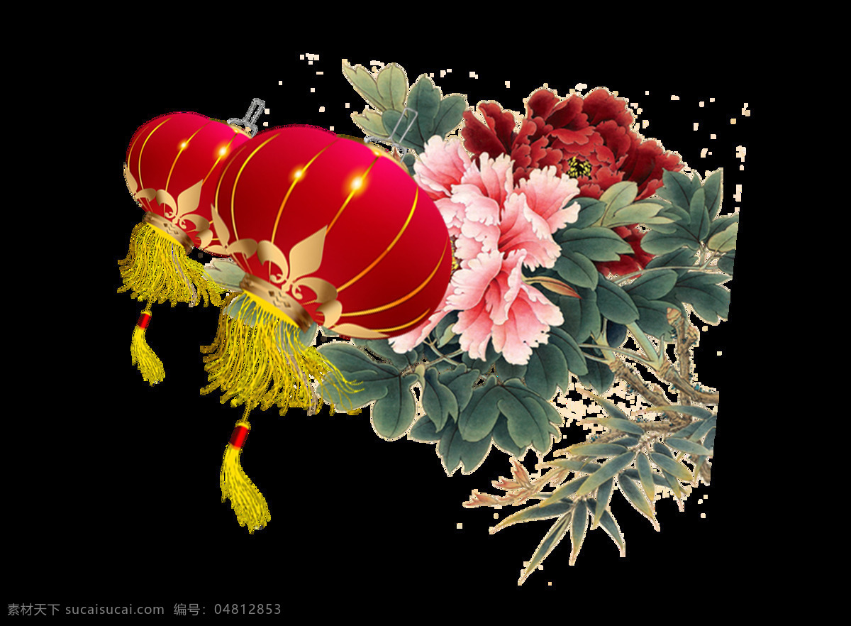 春节 牡丹 灯笼 元素 png元素 免抠元素 手绘 水墨 透明元素 喜庆