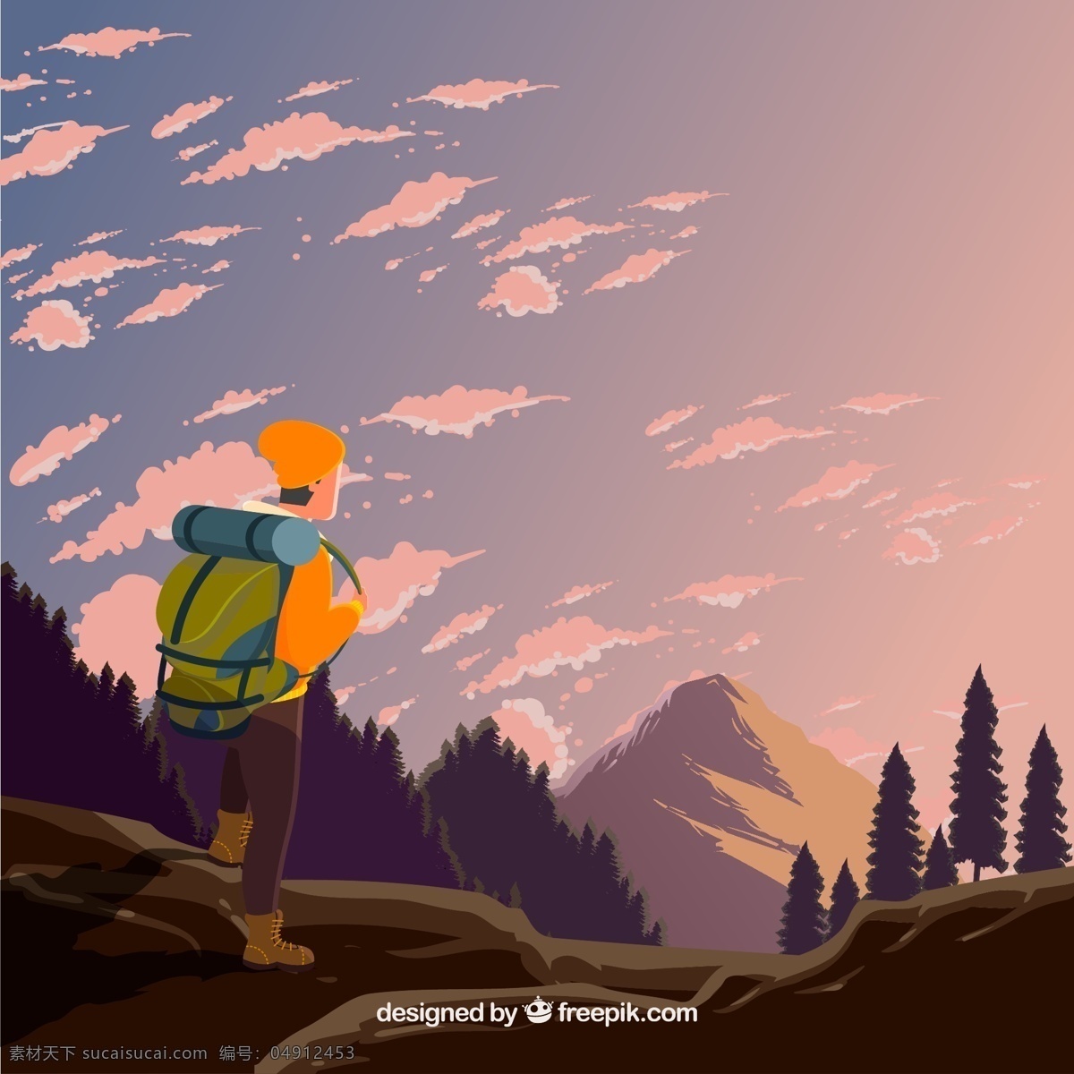 创意 山间 背包 旅行 男子 背影 矢量图 登山 云 树木 山坡 山 背包客 动漫动画 动漫人物