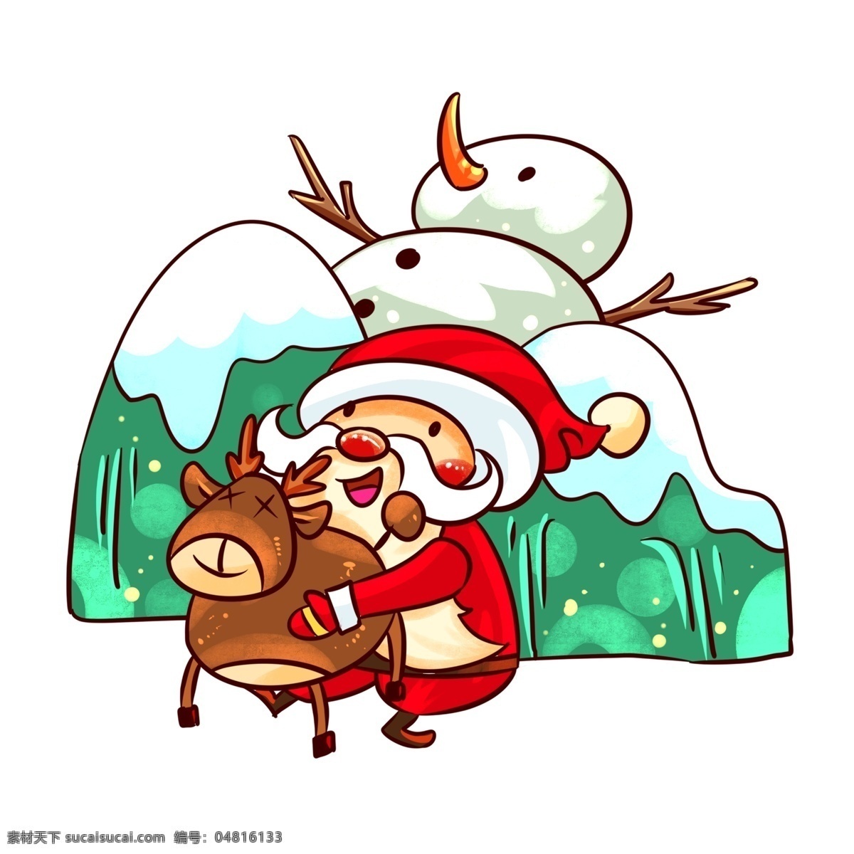 圣诞节 圣诞老人 抱 麋鹿 手绘 插画 手绘送礼物 礼物 圣诞节雪人 雪人 收礼 物 小朋友