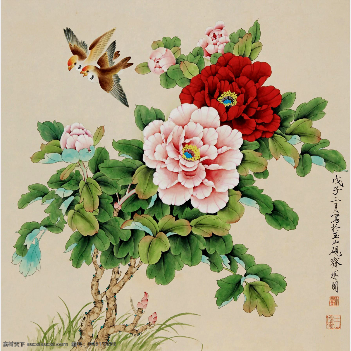 彩墨画 动物 飞禽 工笔 古典 国画 红花 花朵 牡丹 小鸟 设计素材 模板下载 牡丹小鸟 羽翼 羽毛 绿叶 小草 植物 水墨画 装饰 民族风 中国元素 重彩画 绘画书法 文化艺术