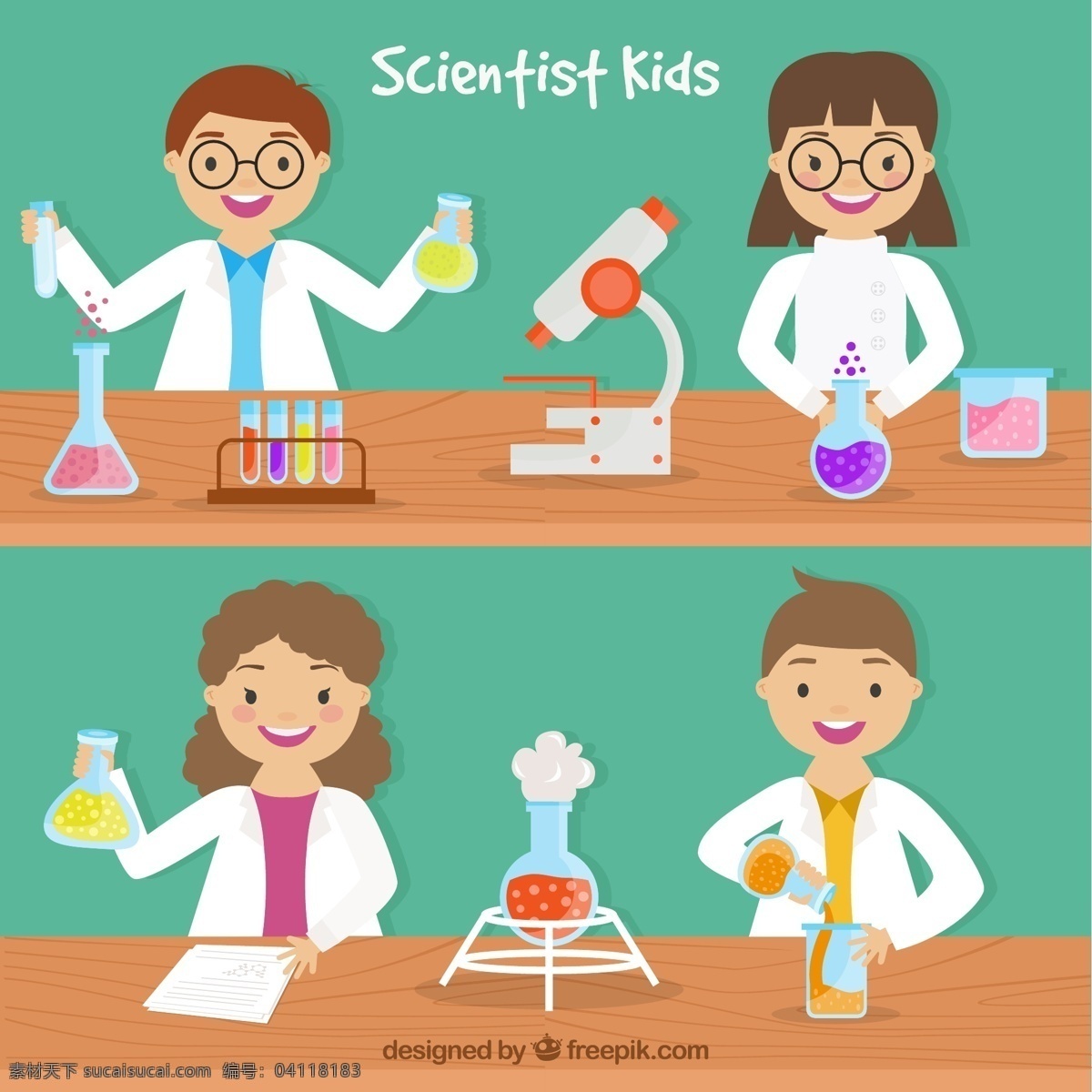 平面设计 中 科学家 儿童 卡通 平板 科学 平板设计 化学 实验室 原子 测试 分子 显微镜 试管 青色 天蓝色