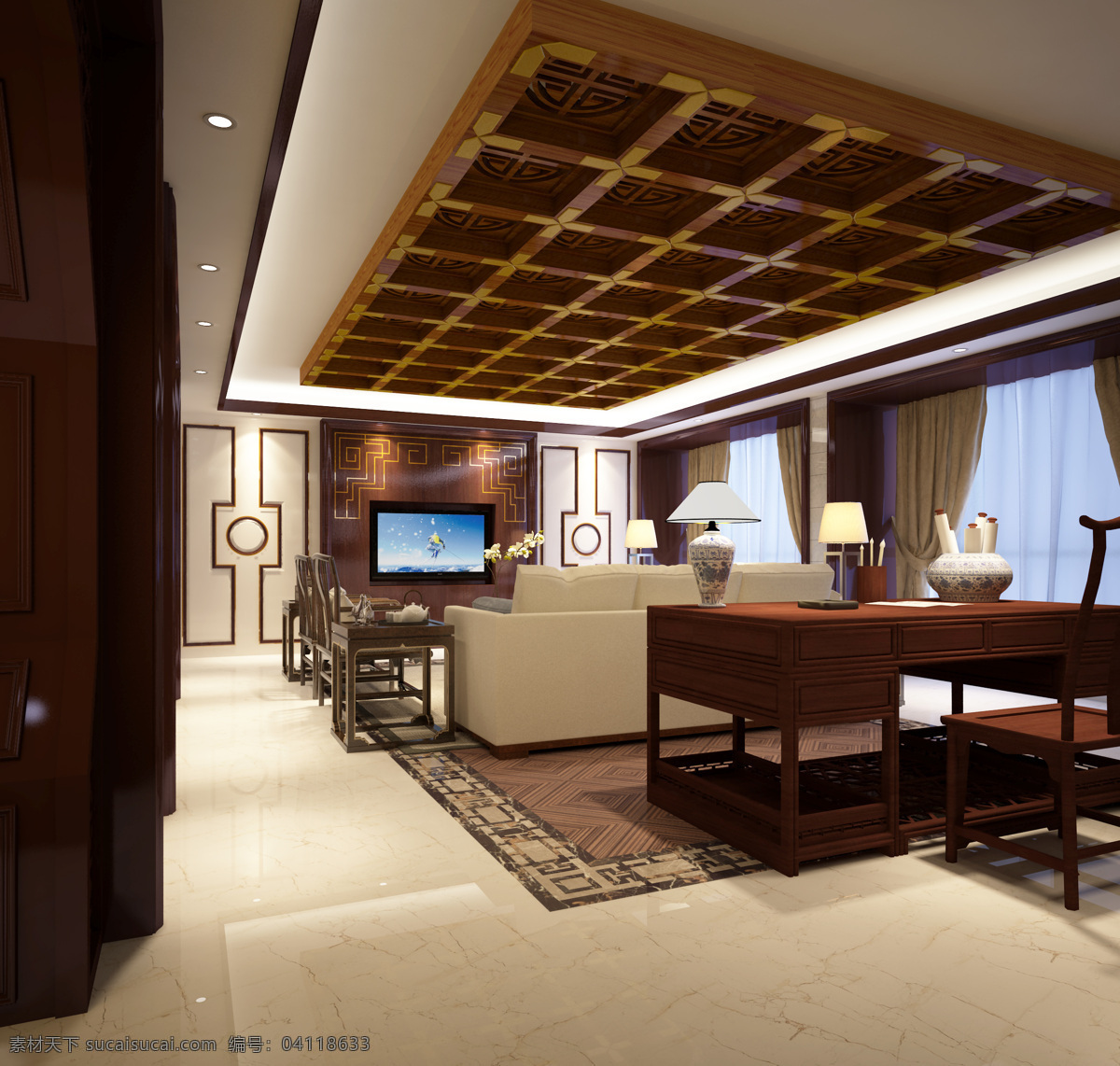 新 中式 别墅 客厅 新中式 大图 3d 室内人 环境设计 室内设计